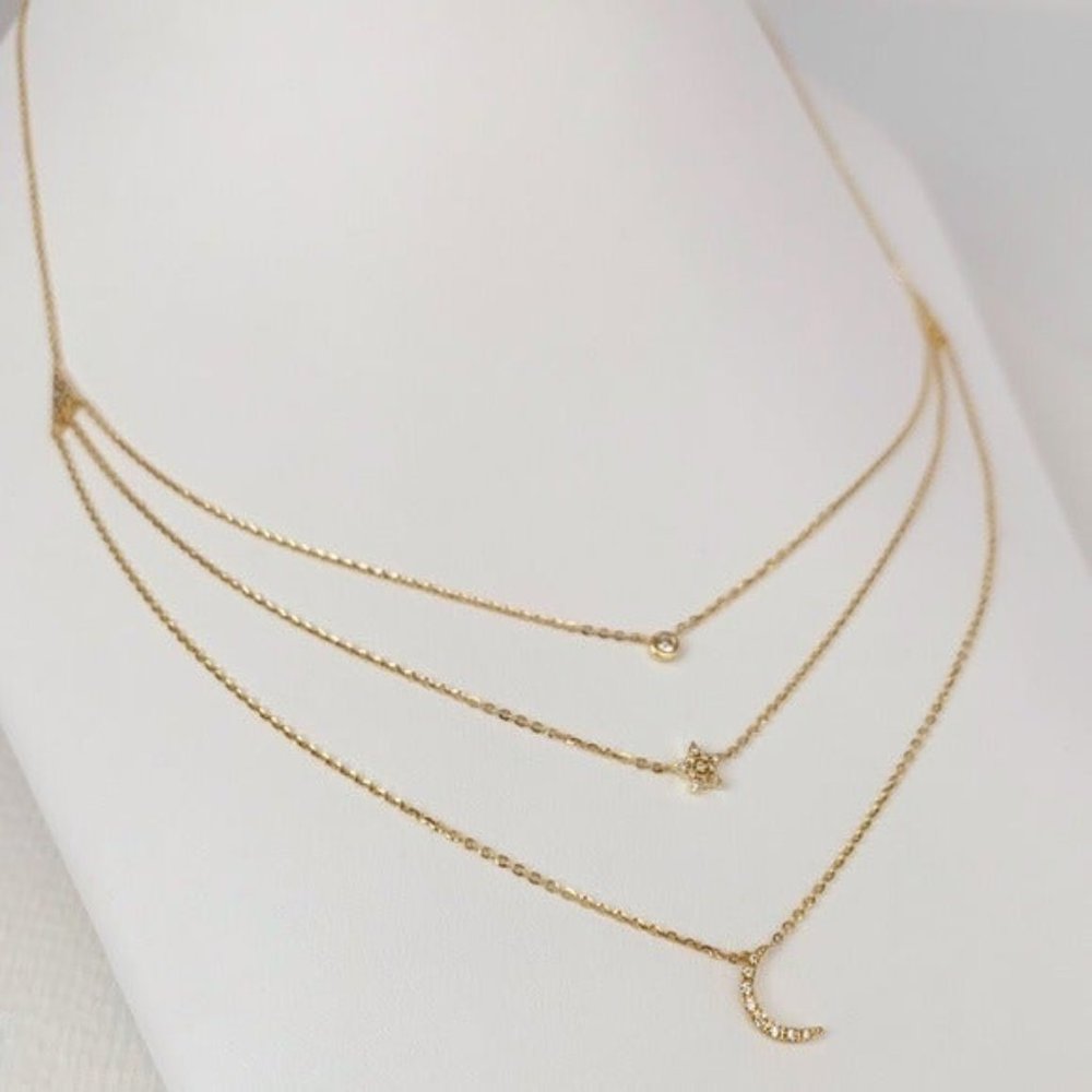 Celestial Diamond Necklace Stars Moon Gold Dainty - Picture 2 of 5